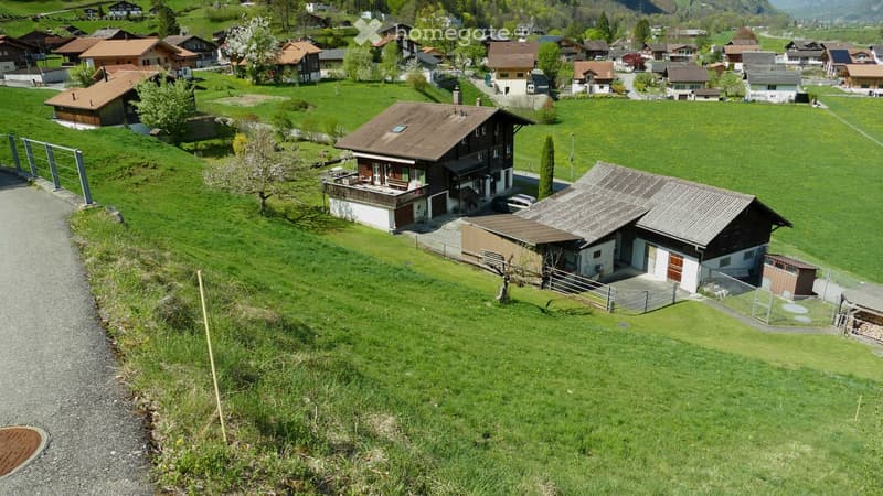 Swiss-style house, brown roof, white walls, balcony, surrounded by green fields and trees