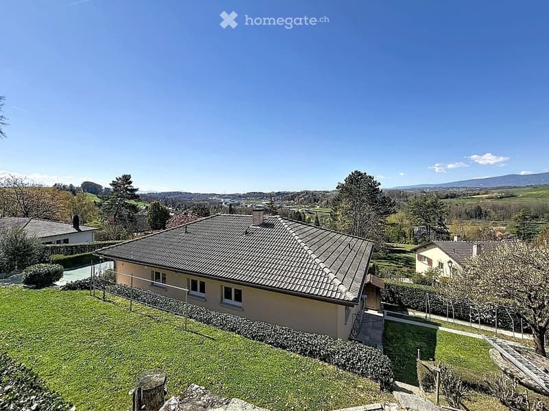Detached house, gray roof, white walls, chimney, surrounded by greenery, distant mountains