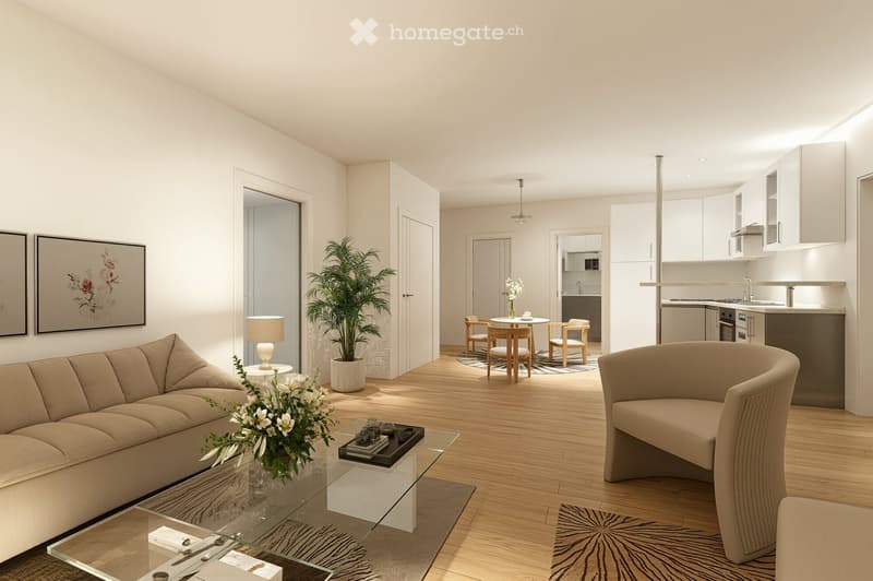Modern living room with beige couch, glass coffee table, and a round chair. A potted plant and a lamp are on the side table. A dining area with a table and chairs is visible in the background. The kitchen is equipped with white cabinets, a microwave, and