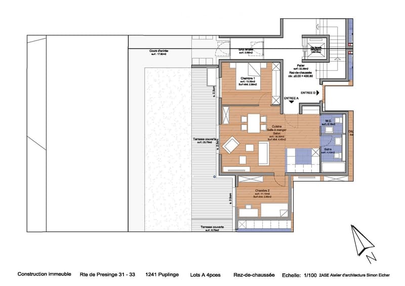 Floor plan showing a ground floor with an entrance, living room, kitchen, 2 bedrooms, 2 bathrooms, and a covered terrace.