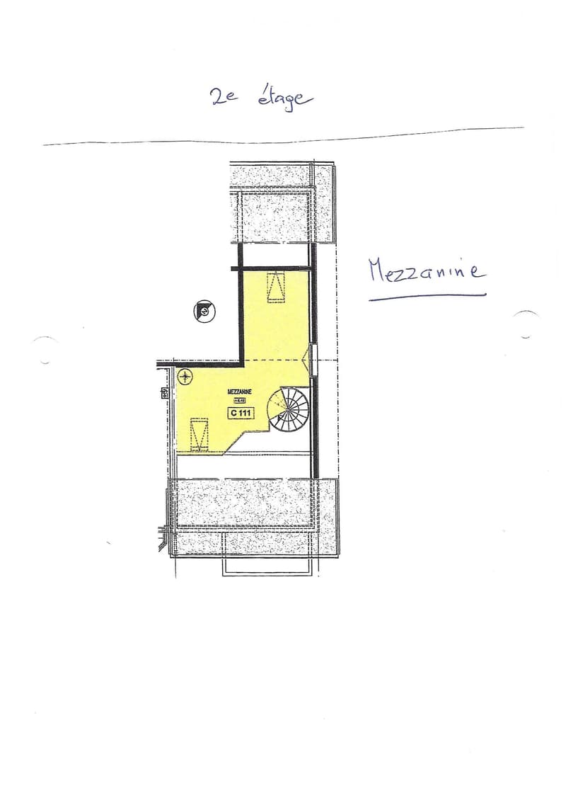 2nd floor plan with a mezzanine, staircase, and a room labeled C 111