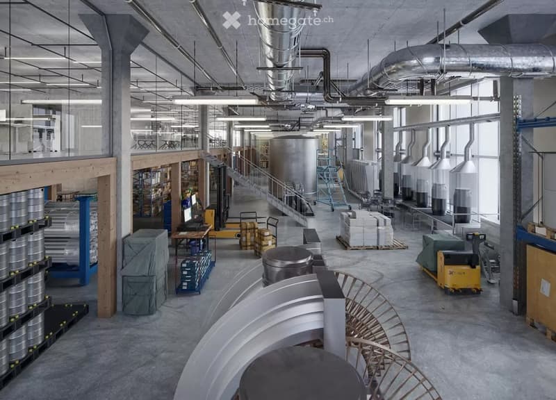 Industrial facility with large open space, metal structures, and machinery. Large tanks, conveyors, and storage units are visible.