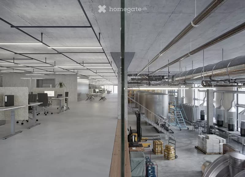 An empty room with a concrete floor, metal beams, and large windows. There are no visible objects or furniture.