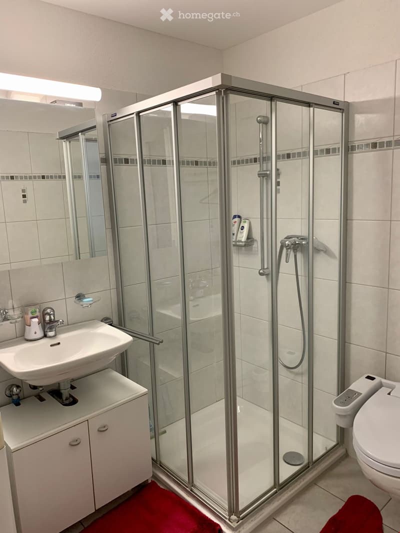 Modern bathroom with glass shower enclosure, white sink, mirror, and toilet. White tiles and cabinets.