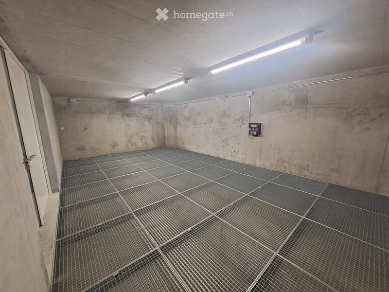 Empty basement or utility room with concrete walls, metal grated floor, fluorescent lighting, and a single door.