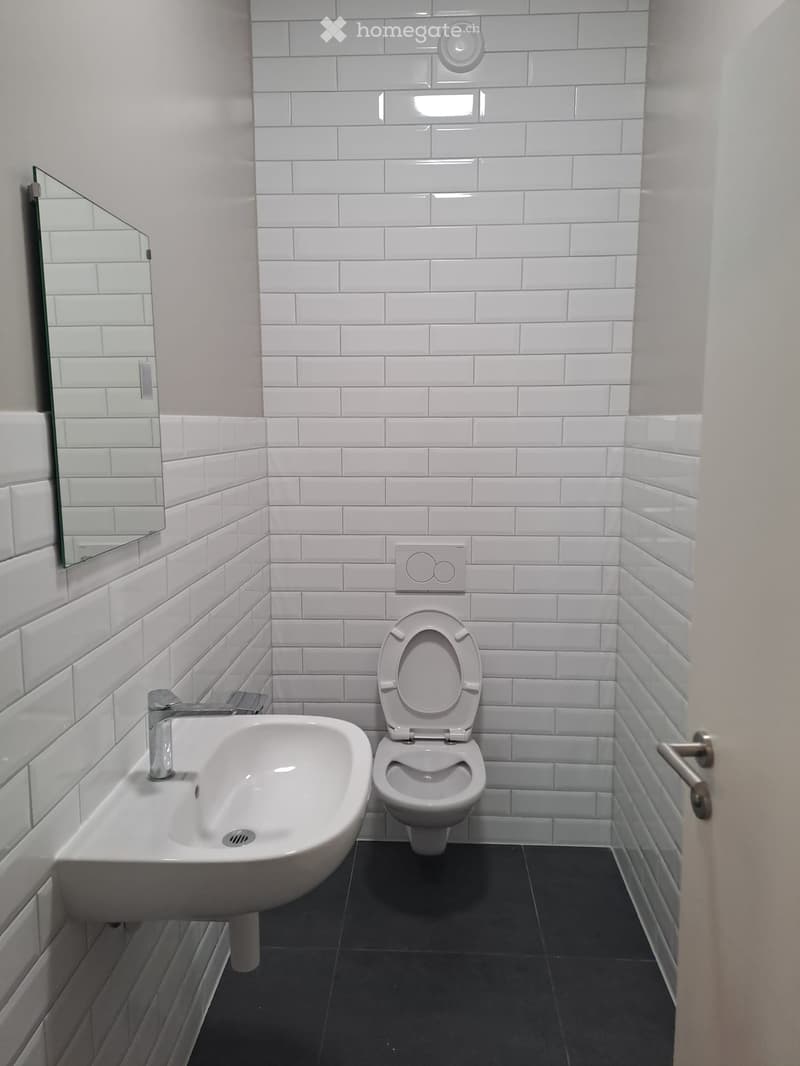 Modern bathroom with white tiled walls, a toilet, a sink with a chrome faucet, and a mirror on the wall.