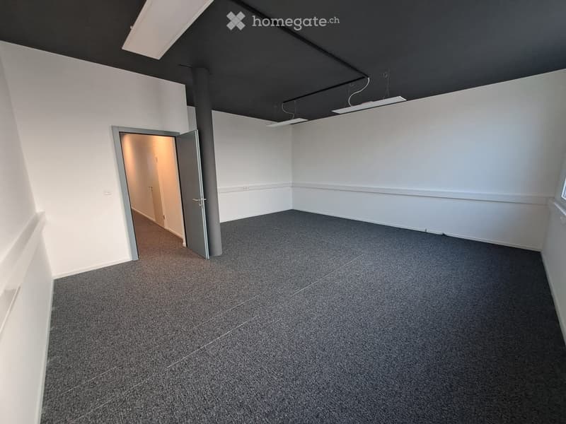 Empty room with white walls, grey carpeted floor, and a partially open door leading to another space.