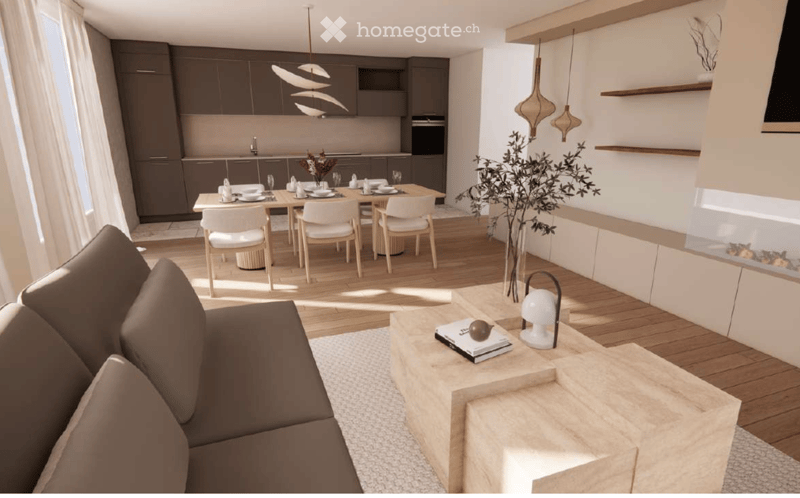 Living room, dining room, kitchen with open shelves and island, couch, table, fireplace