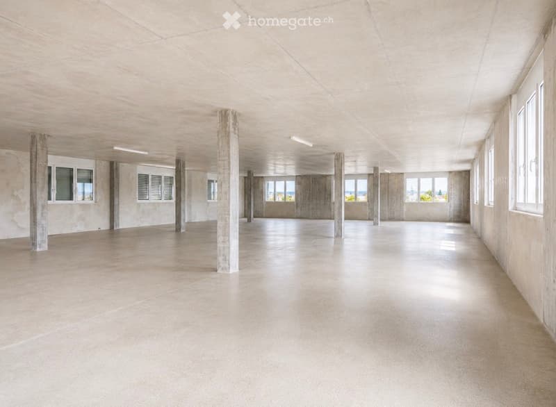 Unfurnished Room. Empty room with concrete walls, floor, and pillars, large windows with views, and recessed lighting.