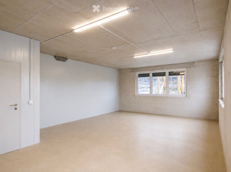 Unfurnished Room. Empty room with white walls, wooden ceiling, and large windows, featuring a single door and fluorescent lighting.