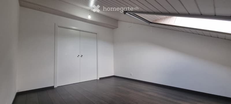 Empty room with white walls, dark wooden flooring, and a white sliding door.