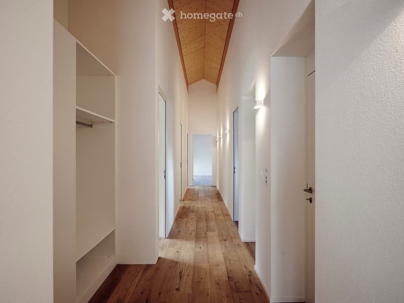 Corridor / Hallway. A narrow hallway with wooden flooring, white walls, and built-in shelving on one side. The ceiling has a wooden slanted design, and there are several doors along the corridor.