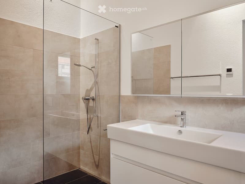 Bathroom. Modern bathroom with a white sink, a large mirror, and a glass-enclosed shower with a modern showerhead.