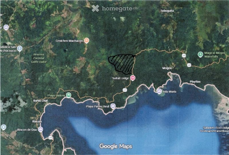 Building. Satellite map showing a coastal area with various labeled locations, including Suital Lodge, Playa Palma Real, and Magical Mogos Waterfalls.