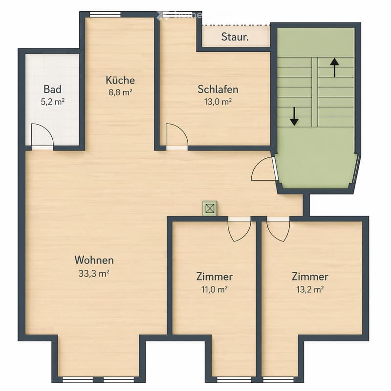 Living room, kitchen, 2 bedrooms, 2 bathrooms, storage