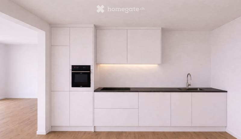 modern kitchen with white cabinets, black countertops, built-in oven, sink, faucet, wooden floor