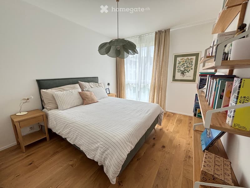Bedroom. Cozy bedroom with a large bed, nightstands, a bookshelf filled with books, and a pendant light fixture.