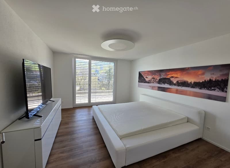 Bedroom. Modern bedroom with a large bed, white dresser, flat-screen TV, and scenic wall art.