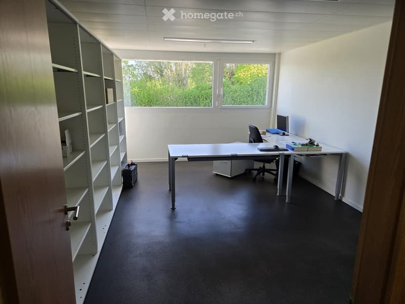 Furnished Room. Office space with a desk, chair, computer, keyboard, mouse, books, shelves, and a suitcase near the door.