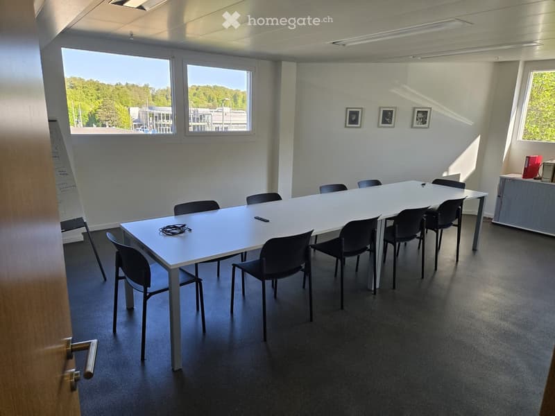 Furnished Room. Bright conference room with a long white table surrounded by black chairs, a projector screen on the left, and a small cabinet with a red file holder on the right. Large windows provide natural light and a view of greenery outside.