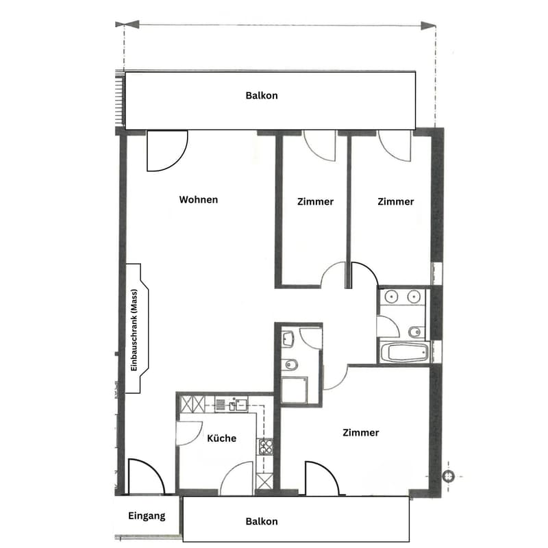 Living room, 2 bedrooms, 1 kitchen, 1 bathroom, entrance, balcony