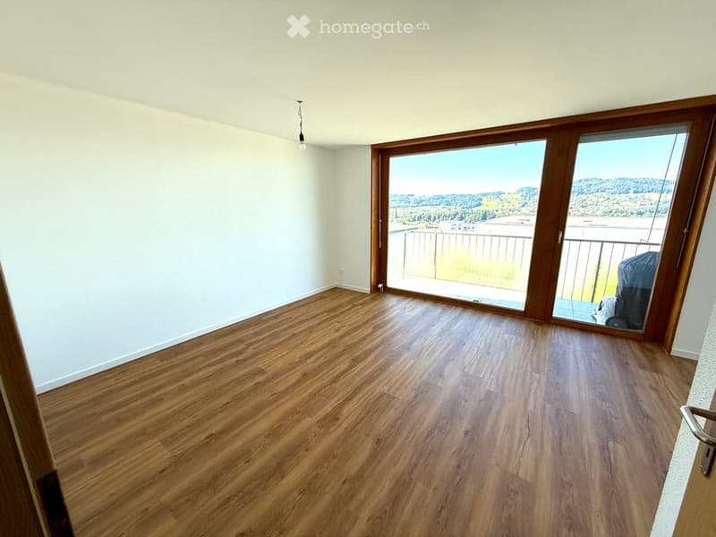 large sliding doors, balcony, hardwood floors, bright and open space, mountain view