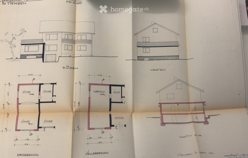 Architectural floor plan showing multiple views including exterior elevations (south, west), ground floor layout, basement layout, and cross-section. Includes labeled rooms such as Zimmer (rooms), Hobbyraum (hobby room), Keller (basement), and Garage.