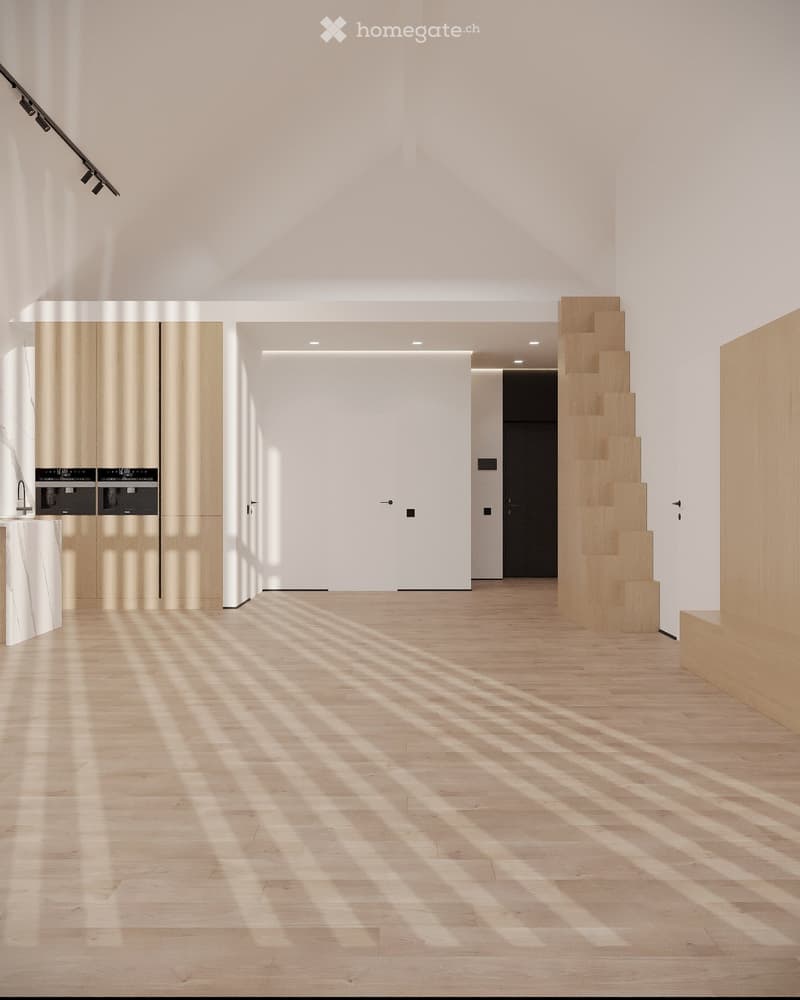 Bright, minimalist hallway with wooden flooring, white walls, and modern built-in cabinets. Natural light streams in, creating geometric shadows on the floor.