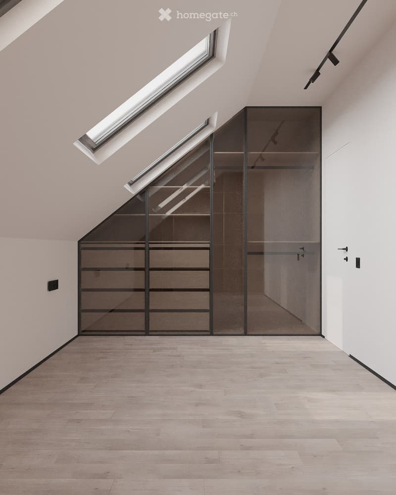 Empty room with light-colored wooden flooring and white walls, featuring a large skylight and a glass cabinet with black framing.