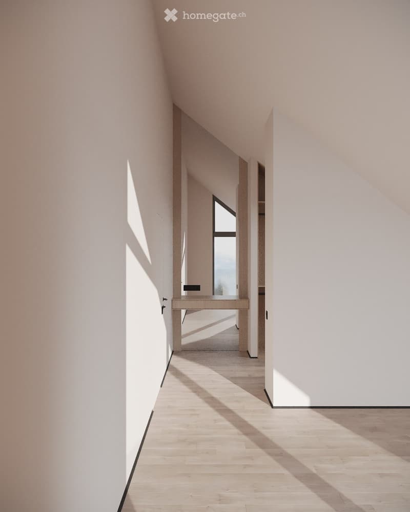 Minimalist hallway with light wooden flooring, white walls, and a small console table with a mirror at the end.