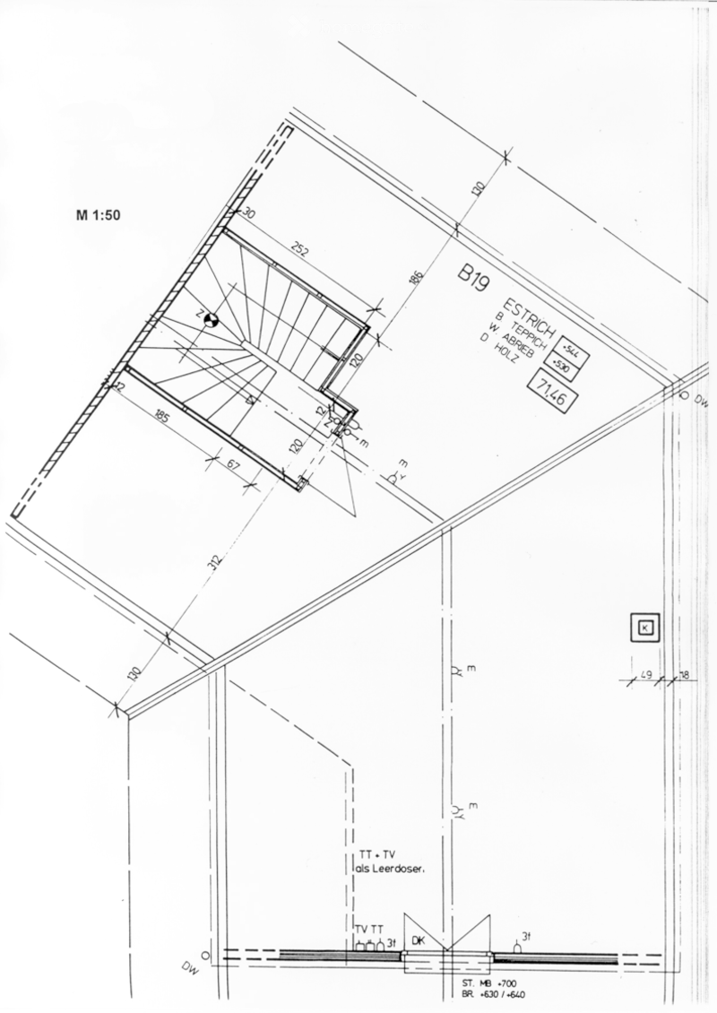 Floor plan of a building showing multiple rooms, labeled dimensions, and structural details including a roof section and a TV room.