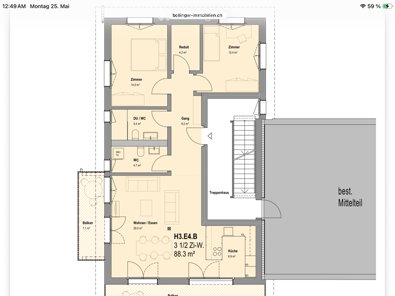 Floor plan of a 3.5-room apartment with living/dining area, kitchen, three bedrooms, two bathrooms, hallway, staircase, and balcony.