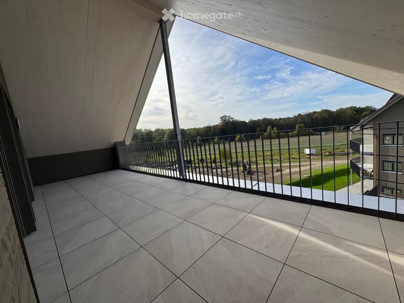 Modern balcony with large glass panels, tiled floor, metal railing, and scenic view of a green field and trees.