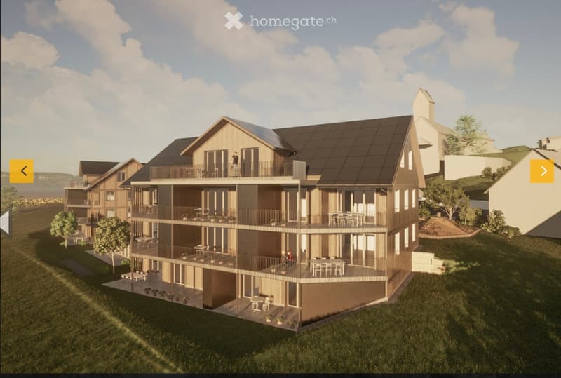 3D rendering of a modern multi-story residential building with wooden balconies, large windows, and a sloped roof. The building features multiple levels with outdoor seating areas and is surrounded by greenery and a grassy lawn.