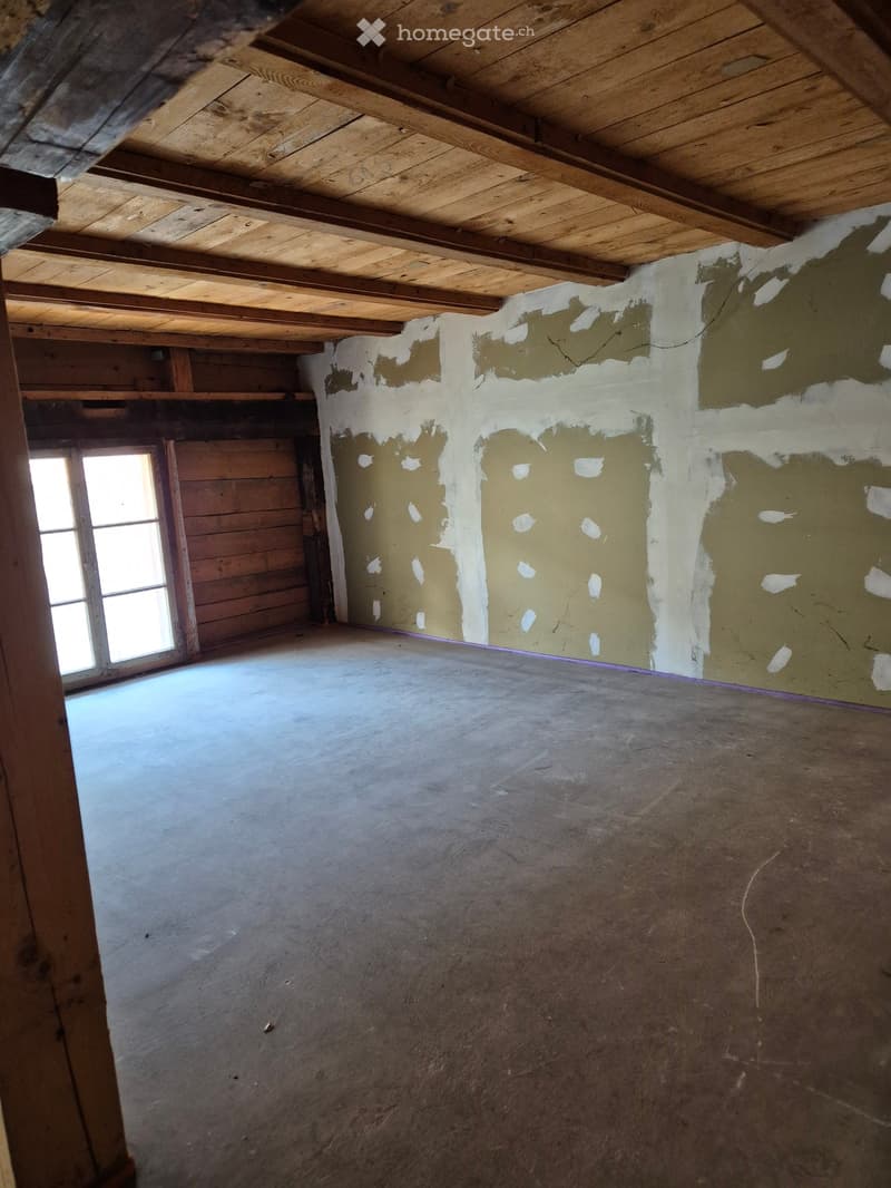 Empty room with exposed wooden beams on the ceiling, unfinished walls with patches of plaster and paint, and a concrete floor.