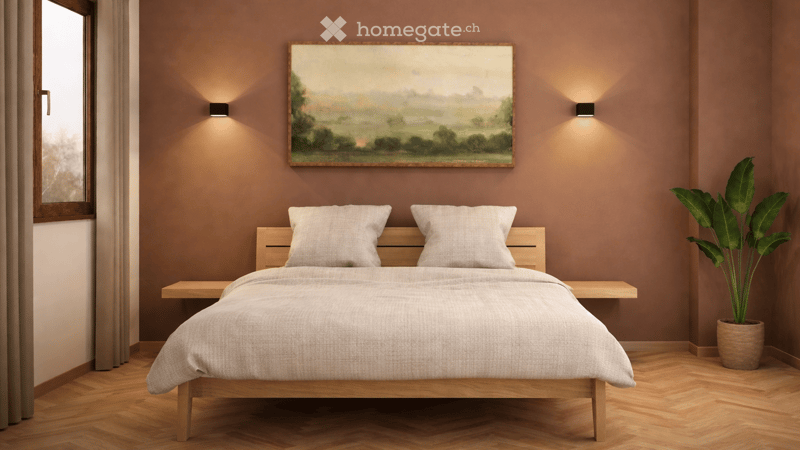 Modern bedroom with a wooden bed, nightstands, a large painting above the bed, and a potted plant in the corner.