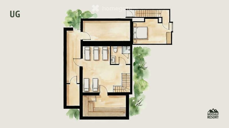 Layout of a multi-level underground (UG) space featuring a large central area with multiple parking spaces, a smaller room with a bed, and a separate bathroom area.
