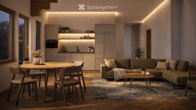 Modern living and dining area with a sectional sofa, coffee table, dining table with chairs, and a fitted kitchen with cabinets and appliances.