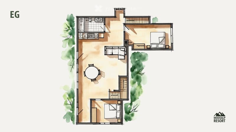 Ground floor plan of a house with living room, dining area, kitchen, bedroom, and bathroom. Includes a balcony and outdoor seating area.