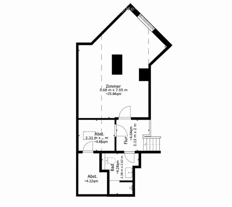 Floor plan of a house with a large living space, bathroom, and hallway.