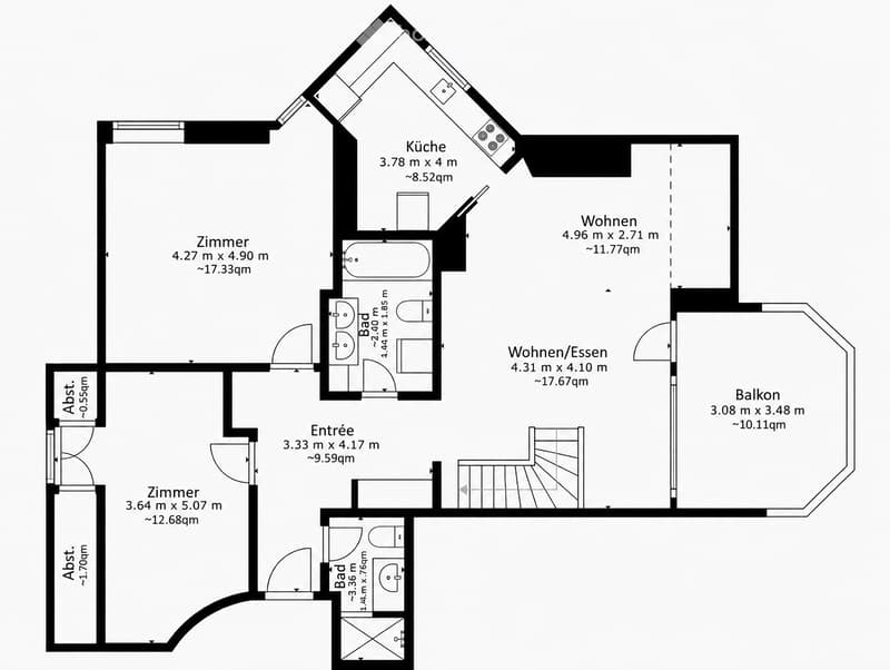 Floor plan of a modern apartment featuring a kitchen, living room, dining area, two bedrooms, two bathrooms, and a balcony.