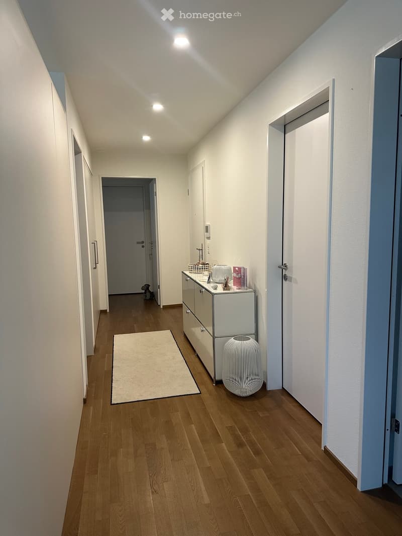 A modern hallway with wooden flooring, white walls, and recessed lighting. Features a small cabinet with a wicker basket, a wicker lamp, and a rug on the floor.
