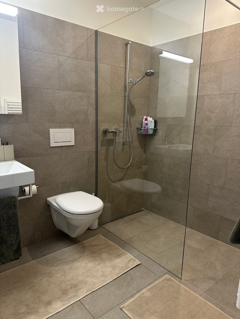 Modern bathroom with a glass-enclosed shower, toilet, sink, and towel. Features include beige tiles, a built-in shelf with toiletries, and a light switch.