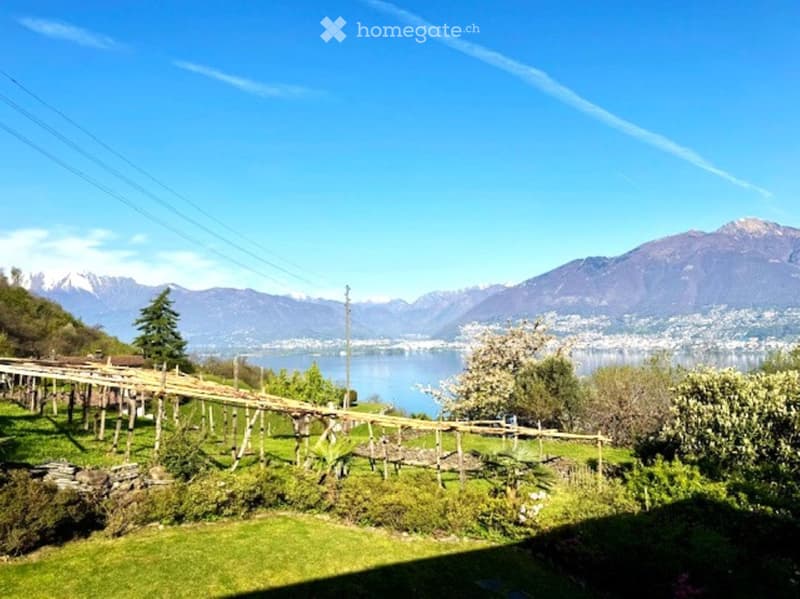 A lush garden with wooden pergola structures, green grass, flowering trees, and a scenic view of a lake and mountains in the background.