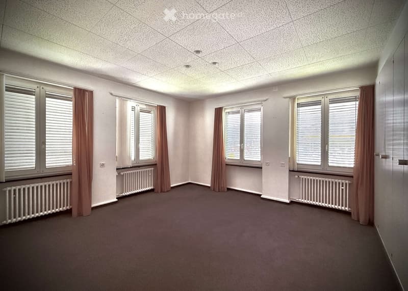 Empty room with beige walls, carpeted floor, multiple windows with blinds, and radiators beneath each window.