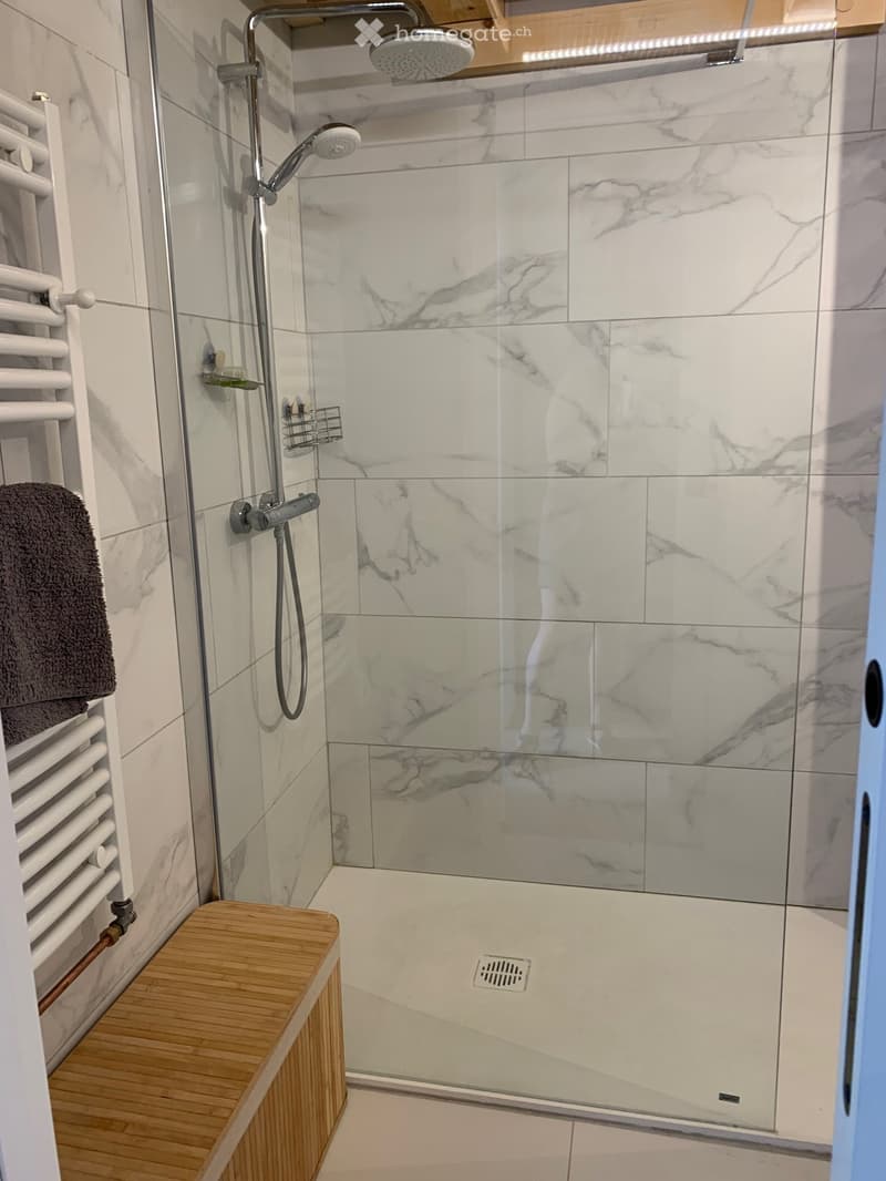 Modern bathroom with marble tiles, glass-enclosed shower, handheld showerhead, radiator, and wooden bench.