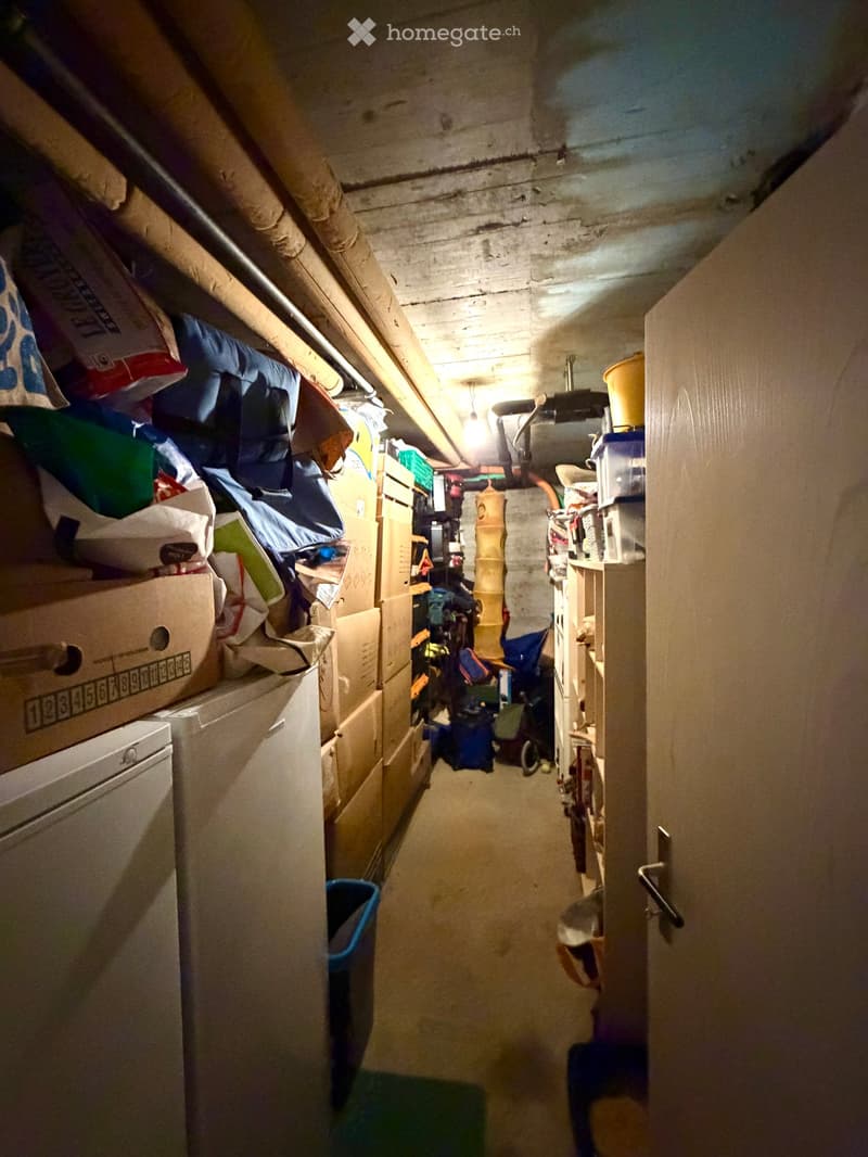 A narrow, cluttered hallway with exposed pipes and storage items, including boxes, bags, and miscellaneous objects on shelves and the floor.