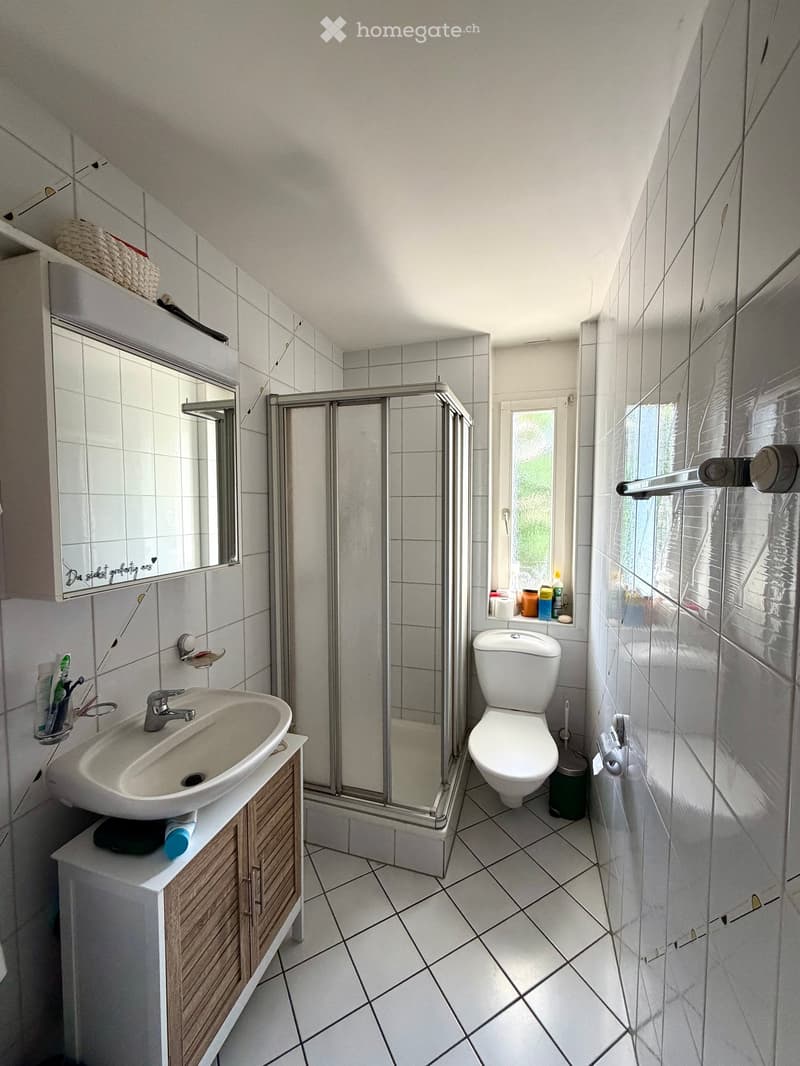Modern bathroom with white tiles, a sink with a wooden cabinet, a toilet, a shower with a glass enclosure, and a mirror above the sink.