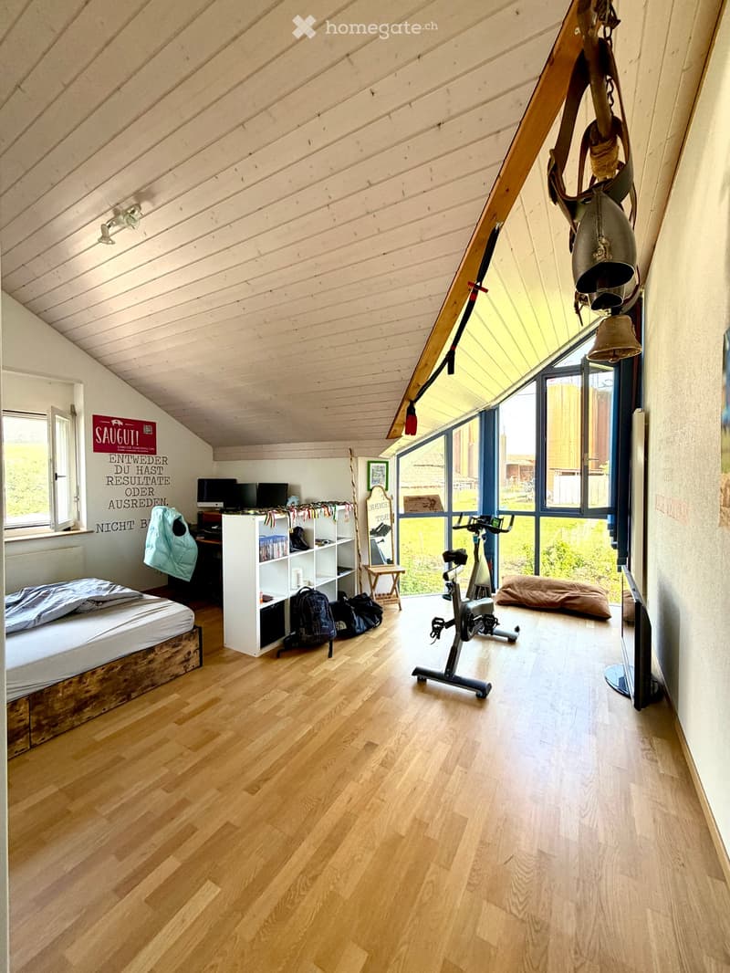 Loft-style bedroom with wooden floors, slanted wooden ceiling, large windows, bed, shelf, exercise bike, and screen.