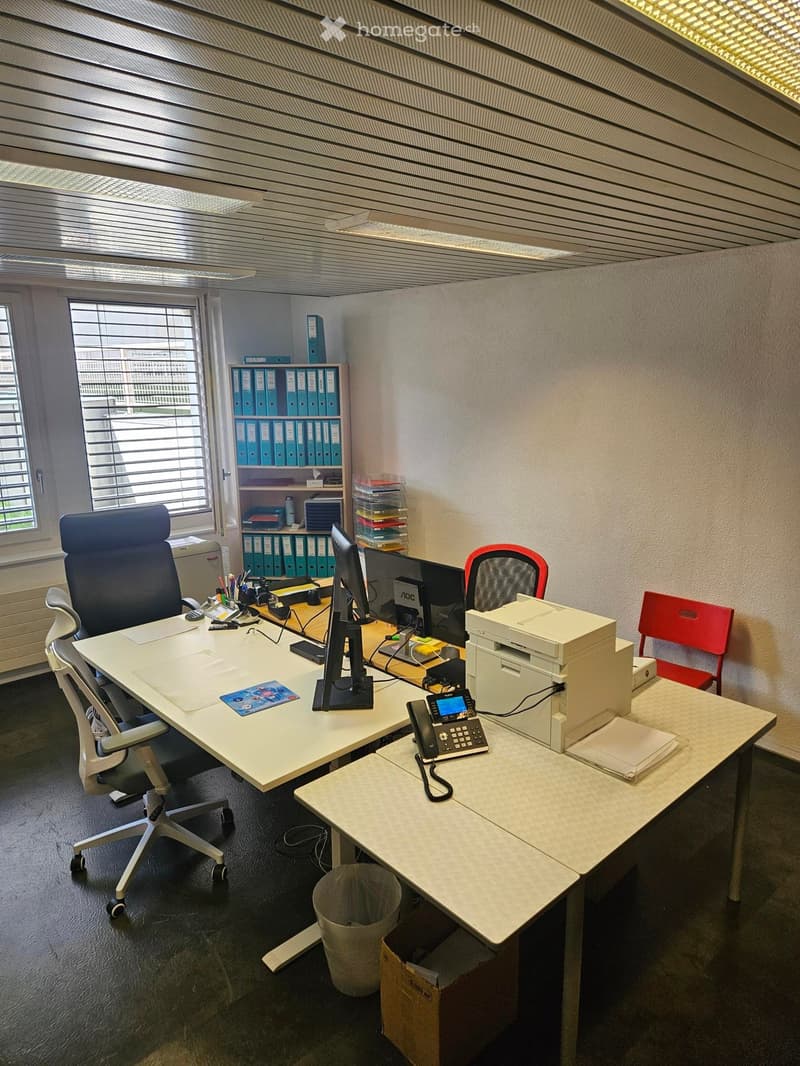 Office space with desks, chairs, computer monitors, printer, telephone, and shelves with binders.